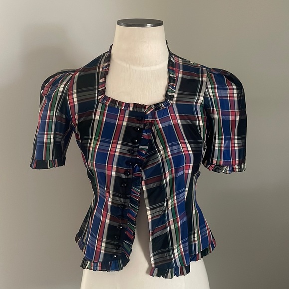 Vintage 1940’s/1950’s Black Plaid Tartan Taffetta Blouse with Ruffles & Buttons - Picture 1 of 14